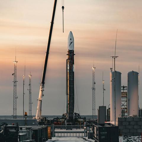 The Spectrum rocket, 28m high, 2m in diameter, standing on its launchpad.
