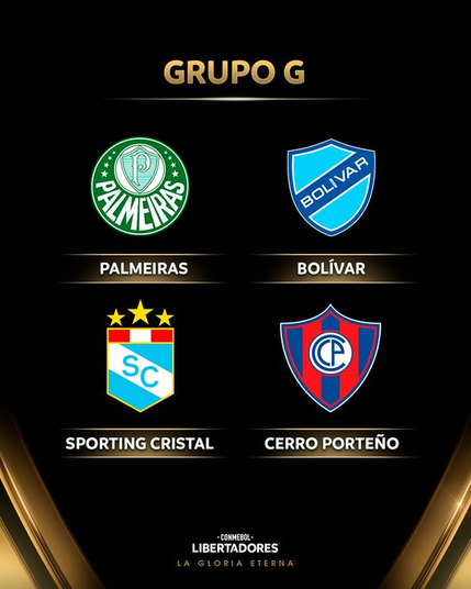 A imagem apresenta o grupo G da Copa Libertadores da América, com os logotipos de quatro times. No topo, em letras douradas, está escrito "GRUPO G". Abaixo, estão os logotipos dos times, dispostos em duas linhas. Na primeira linha, da esquerda para a direita, estão os logotipos do Palmeiras, com um círculo verde e a letra "P" no centro, e do Bolívar, com um escudo azul e a palavra "BOLÍVAR" em diagonal. Na segunda linha, também da esquerda para a direita, estão os logotipos do Sporting Cristal, com um escudo azul e branco e três estrelas acima, e do Cerro Porteño, com um escudo vermelho e azul com a letra "CP" no centro. Na parte inferior da imagem, em letras douradas, está escrito "-CONMEBOL- LIBERTADORES LA GLORIA ETERNA".