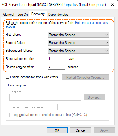 The Properties dialogue for a Windows NT service. There are four tabs--the "Recovery" table is selected.