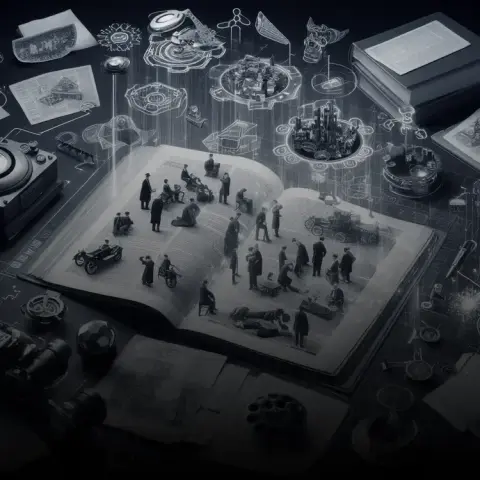 AI-generated b&w image of small human figures on an open book with digital cities and futuristic digitalised figures projected into the space around 