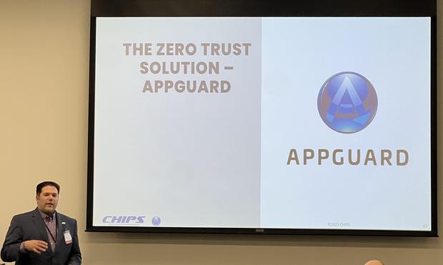 Tony Chiapetta of CHIPS speaks at Infragard about ransomware prevention.