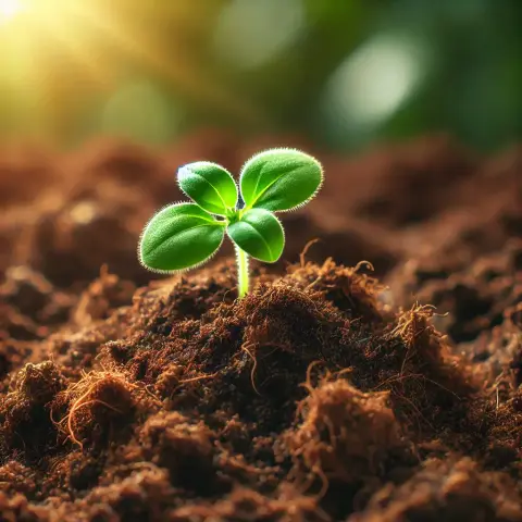 ZU sehen ist eine junge Pflanze, die in einem perfekt vorbereiteten Boden empor wächst