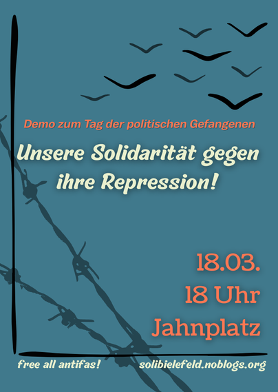 Blauer Hintergrund mit angedeuteten Silhouetten von Vögeln die über Stacheldraht hinwegfliegen.
Dazu Titel, Ort und Zeit, wie im Poet beschrieben.