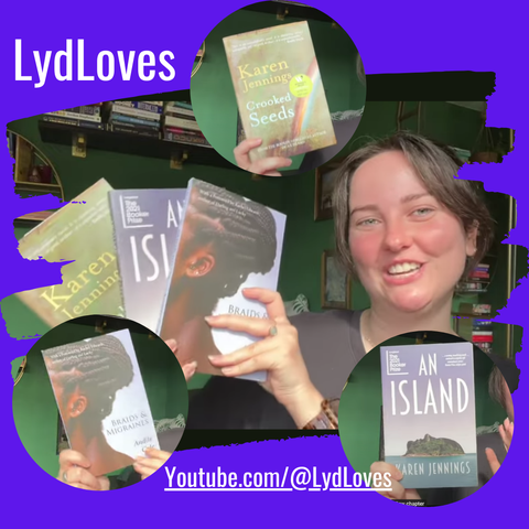 Lydloves holds up three HOlland House titles on her reading vlog: Crooked Seeds, An Island, Braids & Migraines. 