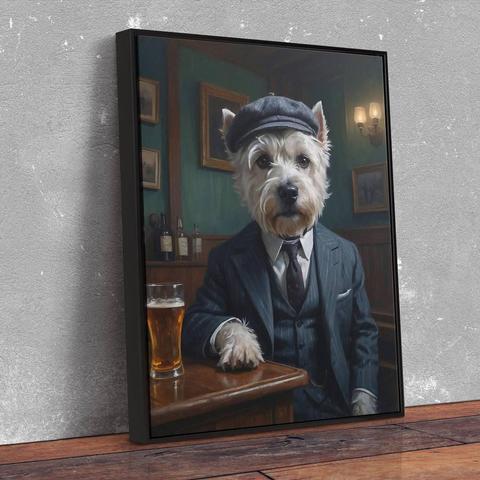 Vintage-style painting showcasing a stylishly dressed West Highland Terrier enjoying a drink in a classic bar scene.