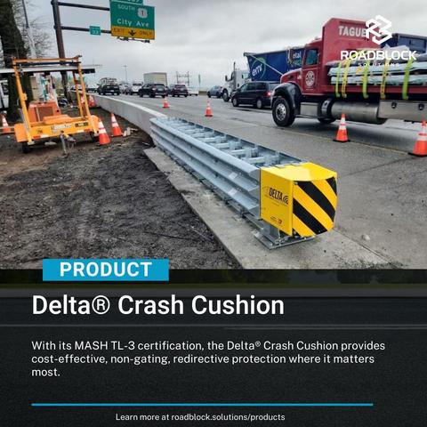 A screen shot of the RoadBlock Solutions website showcasing the TrafFix Delta Intelligent Crash Cushion. Text reads "Delta® Crash Cushion. With its MASH TL-3 certification, the Delta® Crash Cushion provides cost-effective, non-gating, redirective protection where it matters most."