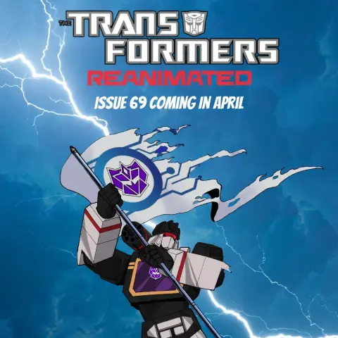Transformers Reanimated promo image for comic book issue 69 releasing in April. The image features Soundblaster holding up a tattered white flag with the Generation 2 Decepticon logo as a lightning strike happens in the background.