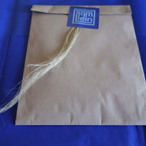 Braune Papiertüte mit blauem Aufkleber und einer kleinen Flachskordel