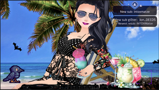 A VTuber on Spring Break in a polka dot bikini and a lounge chair, with cocktails and little drink umbrellas.