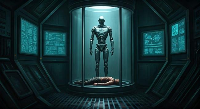 A cold, emotionless robot in a sterile environment, looking down at a broken human figure lying in the shadows. The room is filled with advanced technology and empty data screens, focusing on cold efficiency.