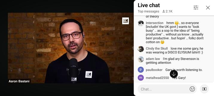 A screen capture of "star reporter" Aaron Bastani on the Youtube feed with generally well meanin' but ignorant comment in the chat to the screen right [just jokin' comment iz of course of a very high calibre coz itza left leanin' folk .. so obviously 👌]