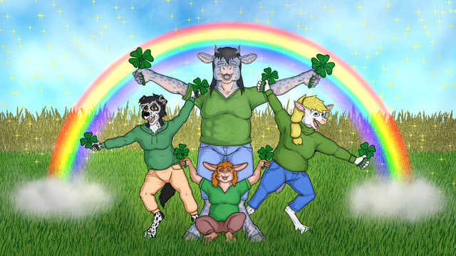 The setting is an open field of short grass in front of a field of unharvested wheat.  Four anthropomorphic animals wearing green top-wear hold a shamrock in each outstretched hand and pose in an elegant formation, shouting with joy.  In the center at the top of the formation stands a Belgian blue cow in a tee shirt and jeans.  Leaning to the left is a border collie in a hoodie and sweatpants.  Leaning to the right is a ewe wearing a turtleneck and jeans. Sitting at the cow's feet is a rabbit in a tee shirt and sweatpants.  Behind them, a vivid rainbow arches between two clouds that are close to the ground. The air is filled with gold sparkles of light