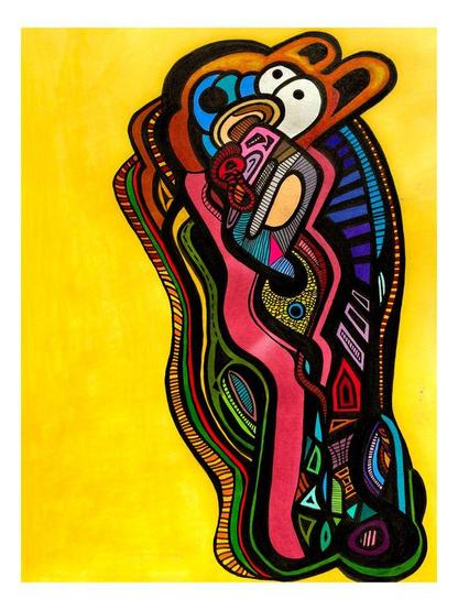 Abstract ink drawing, colored in marker. Black shapes and colorful negative space are arranged in the rough shape of some kind of sluggish creature with teddy bear ears. It is situated on a yellow backrgound.