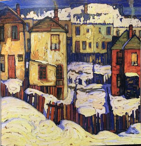 This is a detail of one of Harris’s paintings of Toronto painted during the period he worked on his book of poetry and is the facing page to th poem, ‘The Beast’ in the edition I have.

It depicts a number of of narrow two-story houses with a rickety fence and snow in the foreground.