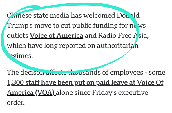 Chinese state media has welcomed Donald Trump's move to cut public funding for news outlets Voice of America and Radio Free Asia, which have long reported on authoritarian regimes.