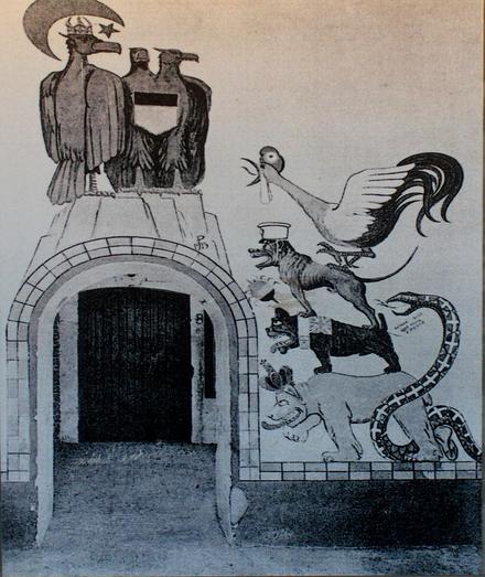 Description copied from the town musicians of Bremen Wikipedia article:

A persiflage of [the town musicians of Bremen] can be found on the wall in the Fort Napoleon, Ostend, Belgium. Heinrich-Otto Pieper, a German soldier during World War I, painted the German and the Austro-Hungarian eagles throned on a rock, under the light of a Turkish crescent. They look with contempt on the futile efforts of the Town Musicians of Bremen to chase them away. These animals are symbols for the Allied Forces: on top the French cock, standing on the Japanese jackal, standing on the English bulldog, standing on the Russian bear. Italy is depicted as a twisting snake and Belgium a tricolored beetle.