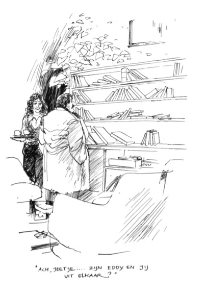 cartoon van Peter van Straaten:
Een huiskamer, met twee fauteuils tegenover elkaar. Daarnaast rechts tegen de wand een boekenkast, met vier brede schappen boven het onderste gedeelte van de kast, links een gesloten deurtje en rechts nog een open vak waarin een platenspeler en tuner naast elkaar staan. 
Een man, op de rug gezien, staat met zijn handen in de zakken van zijn overjas de boekenschappen te bekijken. Her en der gapen er lege plekken, waardoor de overgebleven boeken scheef tegen elkaar hangen en soms daadwerkelijk omgevallen zijn en plat liggen.  De boeken nemen nauwelijks een derde deel van de beschikbare ruimte in.
Links van hem komt net de vrouw des huizes aangelopen, in haar handen een dienblad met daarop twee koffiekopjes.
Tekst man: "Ach jeetje, zijn Eddy en jij uit elkaar?"
