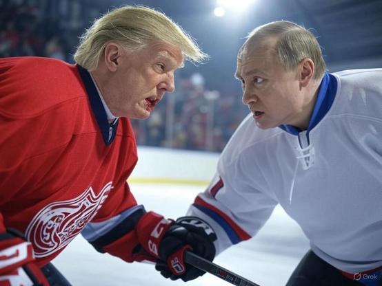 Das Bild zeigt zwei Eishockeyspieler (Trump und Putin) in Aktion auf dem Eis. Der Spieler links trägt ein rotes Trikot mit einem Logo, während der Spieler rechts ein weißes Trikot mit blauen und roten Akzenten anhat. Beide halten Hockeyschläger und scheinen sich intensiv gegenüberzustehen, möglicherweise in einer angespannten oder aggressiven Szene. Im Hintergrund sind eine Eisfläche und eine verschwommene Zuschauermenge zu sehen.

Das Bild ist KI generiert