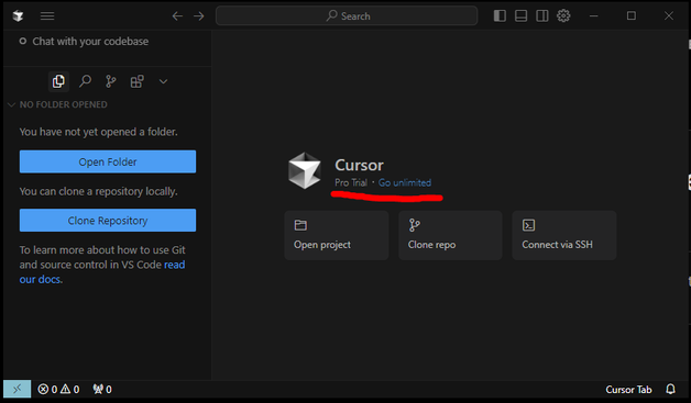 **TL;DR:** Screenshot of the Cursor AI extension in VS Code, with poorly readable underlined text.  

The image shows the Cursor AI extension inside Visual Studio Code. The interface follows a dark theme, with options to open a folder, clone a repository, and connect via SSH. At the center, the "Cursor" logo is visible, along with the text **"Pro Trial - Go unlimited,"** which has been underlined in red. However, the underlined text suffers from **poor readability** due to its **thin, light blue font blending into the dark background.** The red underline further reduces clarity rather than improving emphasis. This makes the text difficult to notice at first glance, especially for users with low contrast sensitivity.