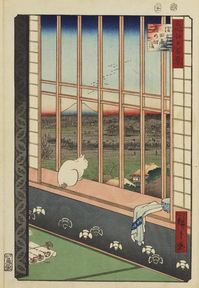 Woodblock print of a white cat looking out a window with Mt Fuji in the distance.

Image thanks - https://ukiyo-e.org/