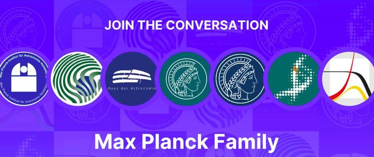 Farblich verändertes StarterPack-Bild von Bluesky. Von blau zu lila. In der Mitte finden sich verschiedene Logos der Institute; darunter steht der Name der Sammlung: Max Planck Family