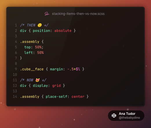 /* THEN 🫤 */
div { position: absolute }

.assembly {
  top: 50%;
  left: 50%
}

.cube__face { margin: -.5*$l }

/* NOW 😻 */
div { display: grid }

.assembly { place-self: center }