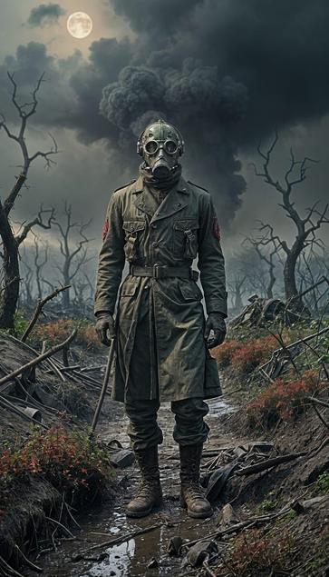 An abandoned trench from World War I, partially collapsed and overgrown with thorny vines. The remnants of gas masks and tattered uniforms are scattered amidst the mud and debris. A ghostly figure, translucent and clad in a tattered military uniform, hovers above the trench, its expression a mix of sorrow and rage. The background fades into a bleak, war-torn landscape under a blood-red moon.