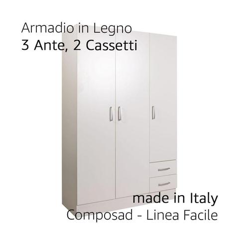 COMPOSAD | Armadio della Linea FACILE con 3 Ante e 2 Cassetti, Camera da Letto, Armadio con Ante, Dimensioni (LxAxP) 119,30x184,40x46,30 cm, Colore Bianco, Made in Italy, legno riciclato certificato