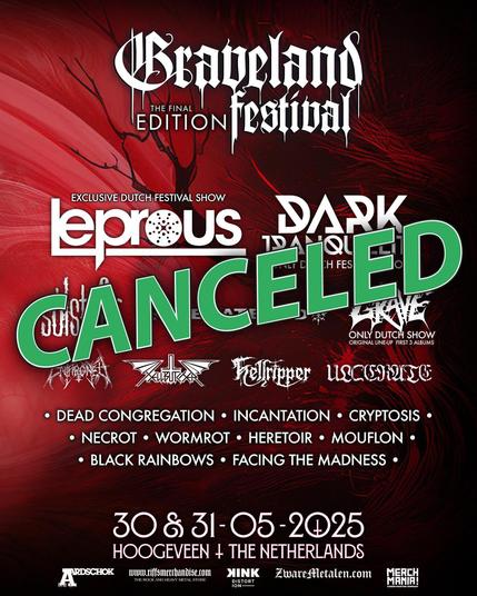 The poster of the Graveland Festival with the line-up and the word 'CANCELED' (sic) in large green letters over top.