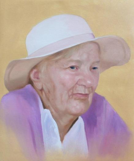 a painting of an elderly woman against a naples yellow background , seen from her upper chest up, she is wearing a white sun hat with a light pink band on it, she is wearing a light purple cardigan with a white dress shirt underneath, she is looking to the right with a calm look on her face 