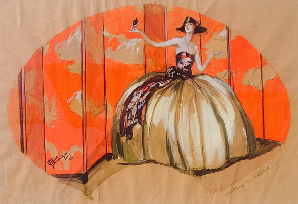 a  painting on a fan shape, on the right side is a woman in a large hoop dress, bare-shouldered, wearing a tri-cornered hand, her one arm outstretched , she has a small mirror in her hand that is opened like a clam, she is looking in it, the background is orange with golden clouds 