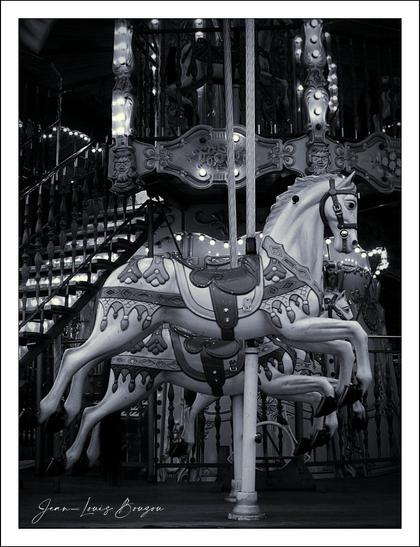 The image captures a beautifully nostalgic scene of a carousel, specifically focusing on the elegant horses that adorn it. Rendered in black and white, the absence of color enhances the timeless quality, evoking a strong sense of memory and whimsy. The horses are intricately detailed, showcasing ornate saddles and flowing manes, suggesting an atmosphere of joy and childhood wonder.
The composition draws attention to the horses, conveying a sense of playful exhilaration. The spiral stairs in the background, along with the patterned decorative elements of the carousel, add layers of richness to the scene, inviting viewers to imagine the sounds and laughter typically associated with such an attraction.
This monochromatic choice might represent nostalgia or the passage of time, perhaps hinting at lost innocence or the fleeting nature of joy. The overall aesthetic can provoke a range of emotions, from longing to a simple appreciation of youthful delight, making it a striking piece.
