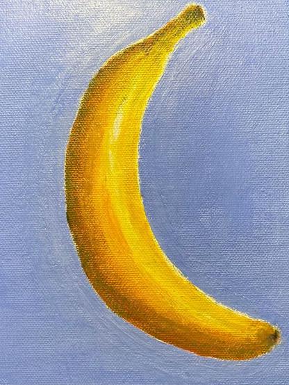 An acrylic painting of a banana on a blue background.