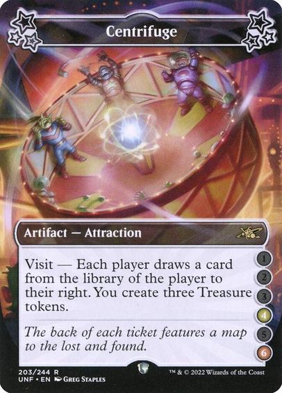 Card Name: Centrifuge
Set: Unfinity
Description: Visit — Each player draws a card from the library of the player to their right. You create three Treasure tokens.
Artist: Greg Staples