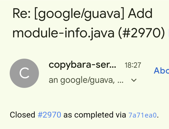 Notification that a module-info.java has been added to the popular Google Guava Java library.