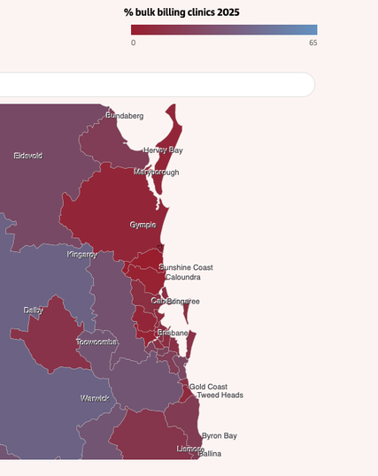 A map of electorates in South Eastern Queensland, shwing the majority have zero percentage of bulk-billing clinics for healthcare. None of the electorates are over approximately 40%.