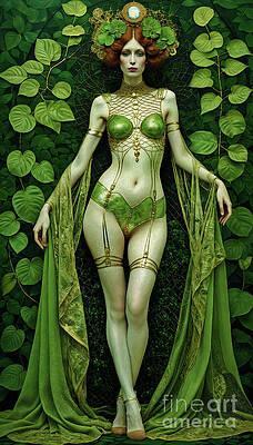 A regal figure stands poised, enveloped by lush green foliage, adorned with intricate, nature-inspired attire and accessories.