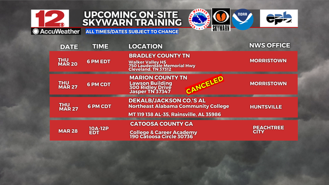 NWS Morristown TN has canceled the #Skywarn #severeweatherspotter training session scheduled for Thu, March 27 in Marion County TN. 

NWS Huntsville has rescheduled the meeting for Dekalb & Jackson Counties AL for the same date, 6 PM CDT. 