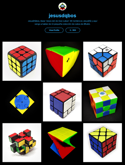 Captura de pantalla del portfolio de jesusdqbos en Luzeed. Se puede ver un fondo negro con letras y botones azules.

Arriba de todo aparece en pequeñito mi avatar justo a la descripción y botones. Debajo aparecen nueve fotos de cubos de Rubik en una cuadrícula 3x3 donde cada foto alterna fondo blanco o negro para dar la sensación de que es un tablero de ajedrez lleno de cubos de Rubik.