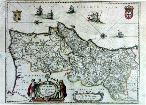 An historical map of Portugal where West is up.