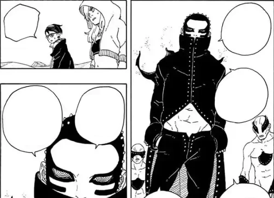 Ryu negotiating with Sarada and Yodo from the manga series Boruto: Two Blue Vortex Chapter 20.