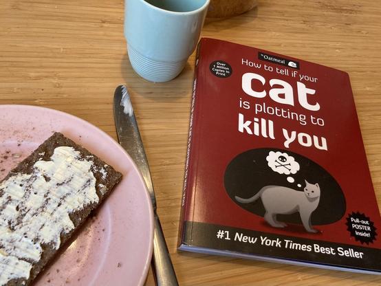 breakfast w book ‘how to tell if your cat is plotting to kill you’re by the oatmeal