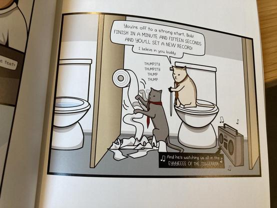 comic of 2 office cats setting a record on unrolling the toilet paper