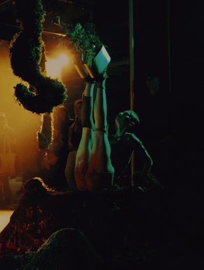 An elegant creature dancing in a mossy landscape on stilts