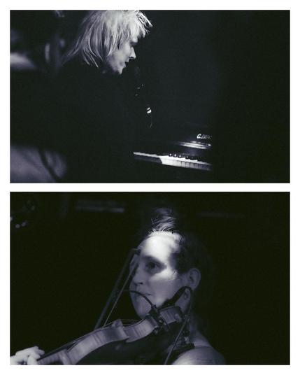 split picture with Hilke playing piano at the top and Laura playing violin at the bottom
