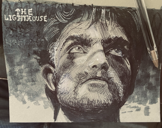 Un dessin au stylo bic noir d’un moment du film the lighthouse