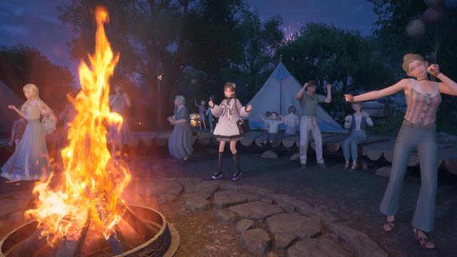 Auf dem Bild sieht man wie Nikki und andere NPCs am Lagerfeuer tanzen. Und es ist am Abend