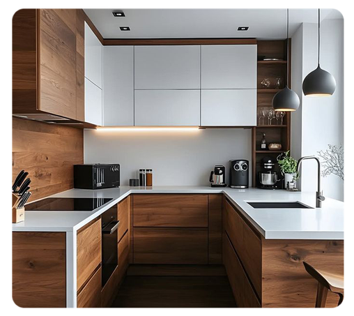 Sleek modular kitchen with modern cabinetry, spacious countertop, and smart storage solutions in a stylish, minimalist design.