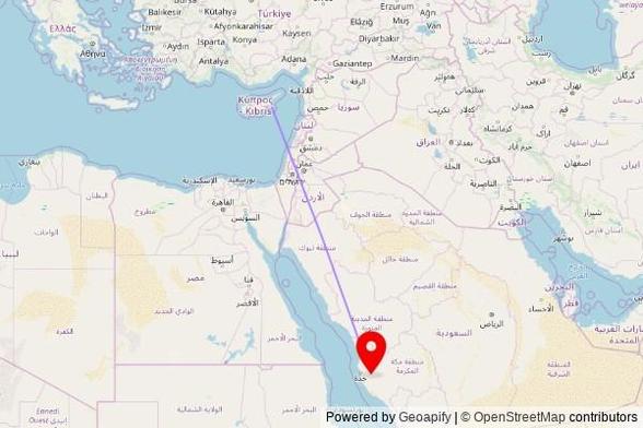 A map showing the great circle route from Protaras in Cyprus to a map pin at Masjid As-Salam, Um Al Momeneen Road, Al Buhayrat, Makkah Al Mukarramah 24226, Saudi Arabia