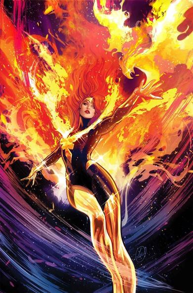 Illustration of Dark Phoenix in what seems to be the space, surrounded by the Phoenix effect.